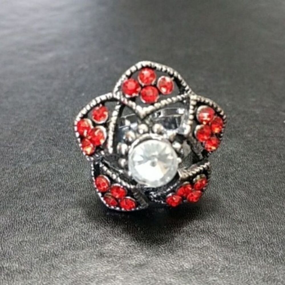 Silver tone red rhinestone ring